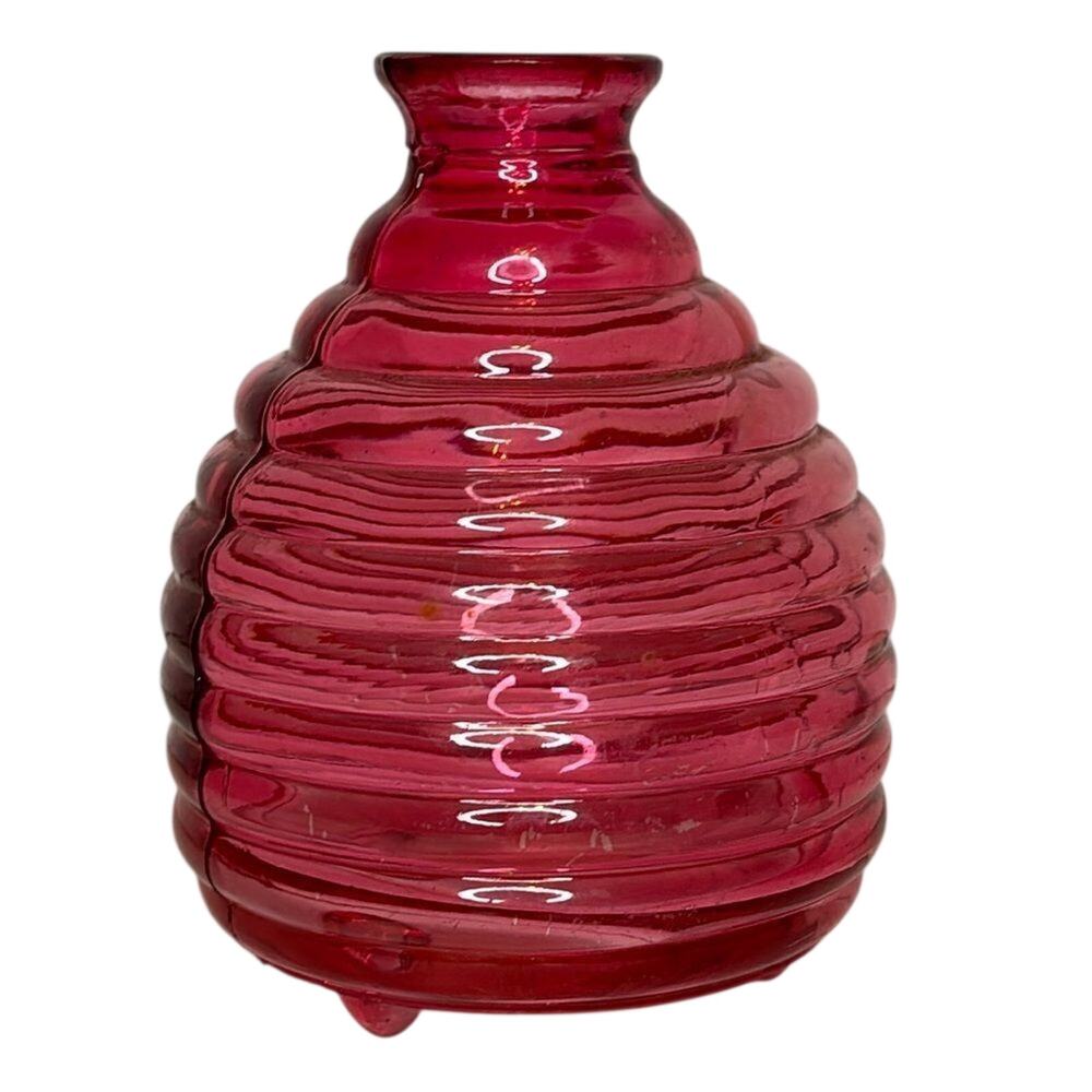 Vintage Ruby Red Ribbed Glass Bud Vase Bottle Beehive Shape 5.5” Decor